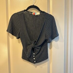 Free People Black Ribbed Tie-Front Short Sleeve Top